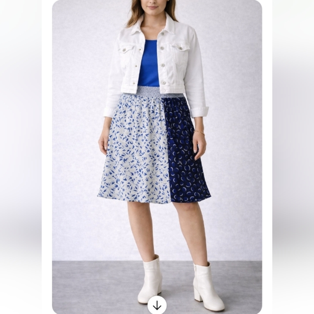 Anthropologie Maeve Silk Skirt Size Large | Blue White Abstract Print | Elastic